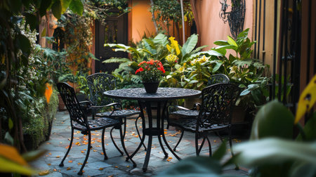 Wrought iron table and chairs on a small garden patio, with leafy plants and colorful flowers creating a cozy outdoor space.の素材