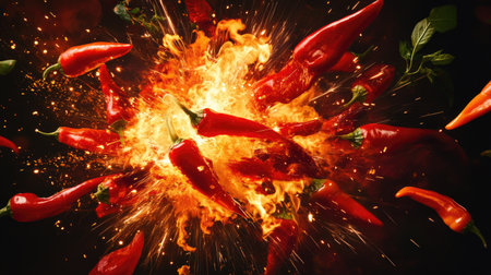 A fiery explosion emerging from a cluster of red hot chili peppers, intense and dynamicの素材