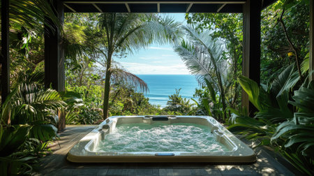A hot tub framed by tropical palms with a view of the ocean horizonの素材