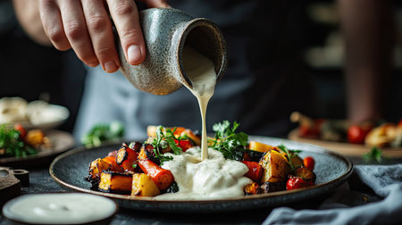 A hand carefully pouring creamy white sauce from a ceramic jug over a plate of roasted vegetablesの素材