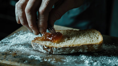 A hand spreading freshly made strawberry jam on a slice of crusty breadの素材