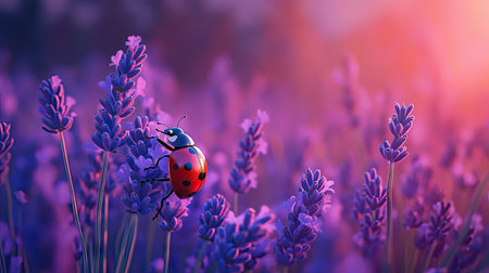 A ladybug on a blooming lavender plant, with purple hues in the backgroundの素材