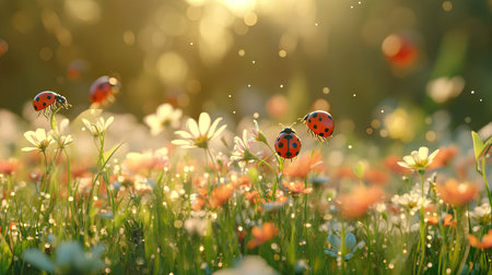 A group of ladybugs on wildflowers in a sunny meadowの素材