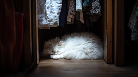 A fluffy white cat curled up under a closet, barely visible in the shadowsの素材