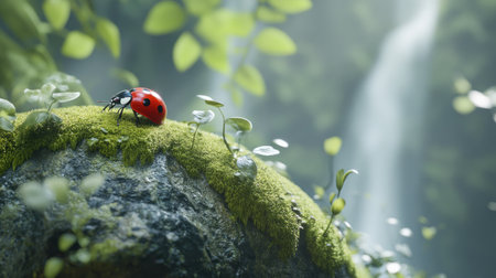 A macro shot of a ladybug on a moss-covered rock in a natural settingの素材