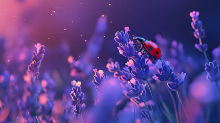 A ladybug on a blooming lavender plant, with purple hues in the backgroundの素材