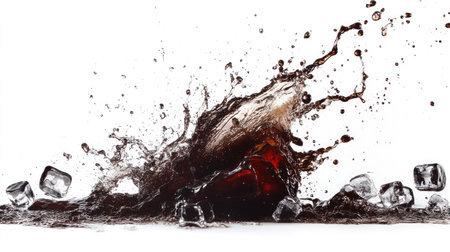 A bold splash of cola cascading with fizz and ice cubes scattered around, isolated on white.の素材