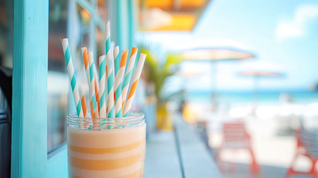 A beachside smoothie shack with eco-friendly striped paper straws displayed in a glass container.の素材