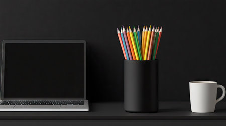 A sleek pencil vase filled with colorful pencils, sitting on a minimalist office desk with a laptop and a coffee cup.の素材