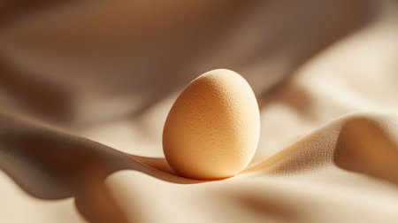 A close-up of a single egg-shaped makeup sponge on a soft, neutral-toned background.の素材