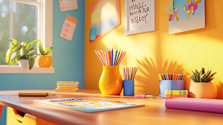 A bright and cheerful study desk with a pencil vase, colorful stationery, and a motivational quote on the wall.の素材