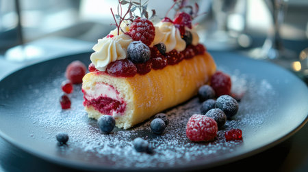 A classic vanilla sponge cake roll with a swirl of raspberry cream filling, beautifully plated with berries.の素材