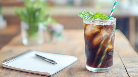 A refreshing iced coffee with eco-friendly striped paper straws on a cafe table, accompanied by a notebook and pen.の素材