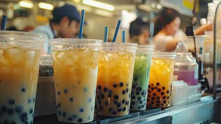 A bustling kitchen with a team preparing iced bubble tea with tapioca pearls for an event.の素材