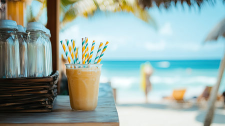A beachside smoothie shack with eco-friendly striped paper straws displayed in a glass container.の素材