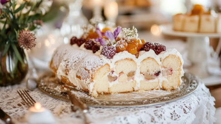 A sponge cake roll with cream and fruit filling, placed on a lace tablecloth for a vintage vibe.の素材