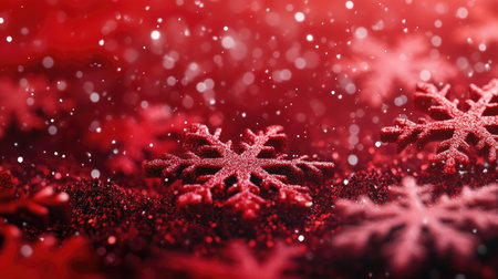 A stunning display of red snowflakes glittering against a soft-focused background, perfect for evoking a festive atmosphere during winter holidays and celebrations.の素材