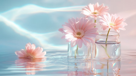 Delicate pink flowers in glass jars sit on a tranquil water surface, creating a serene ambiance. This composition evokes peace and beauty, perfect for various themes.の素材