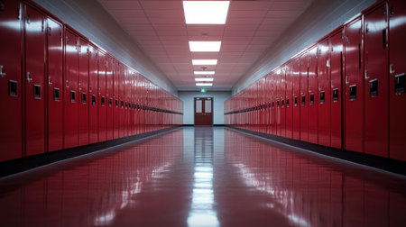 A vibrant school hallway featuring bright red lockers and a polished floor creates an inviting educational environment. This image captures modern architecture in a learning space.の素材