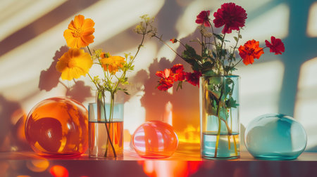 This vibrant arrangement features colorful flowers in decorative glass vases, creating stunning shadows and reflections. A perfect addition to any indoor decor.の素材