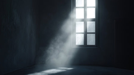 A serene and atmospheric image of a dark room with light rays streaming through a window, illuminating dust particles, creating a captivating and mysterious ambiance.の素材