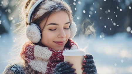 A young woman enjoys a warm beverage while surrounded by snow, capturing a moment of serenity and joy in the winter season, showcasing beauty and comfort.の素材