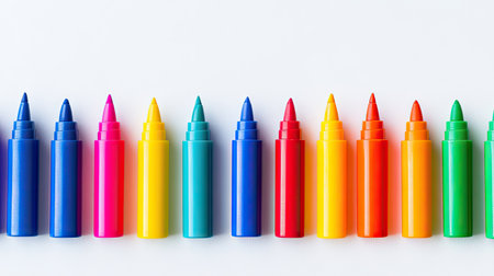 This image features a vibrant assortment of colorful markers lined up in a rainbow arrangement against a white background, perfect for art and crafting projects.の素材