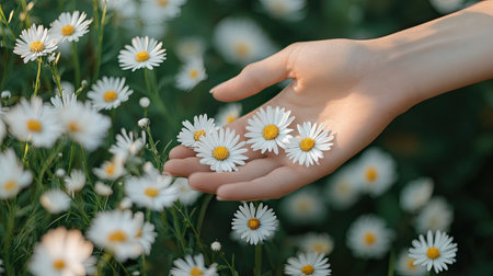 A serene image of a gentle hand holding delicate white daisies amidst a blooming field of flowers, capturing the essence of nature's beauty and tranquility in spring.の素材