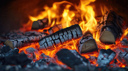 Bright flames dance above a bed of glowing embers and charred logs, creating a warm and inviting atmosphere perfect for relaxation and cozy gatherings.の素材