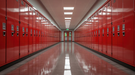A vibrant view of bright red school lockers in a modern hallway. The shiny floor reflects the structured environment, showcasing an inviting educational space.の素材
