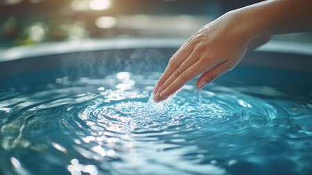 A serene moment capturing a hand gently touching the water surface, creating beautiful ripples in a tranquil blue pool, perfect for wellness and relaxation themes.の素材