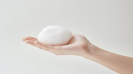 A delicate hand holds a soft white foam, symbolizing cleanliness and nourishment. Perfect for themes related to beauty, skincare, and personal care.の素材
