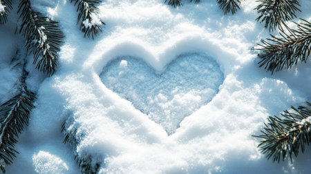 A heart shape carved into the fresh snow, surrounded by lush green pine needles, evokes feelings of love and warmth amidst the winter chill. Perfect for seasonal themes.の素材