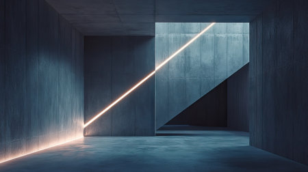 A serene minimalist interior showcasing soft blue and gray tones with geometric shapes and a dramatic light beam, creating a unique artistic atmosphere.の素材