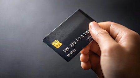 A person's hand showcases a black credit card against a dark background, emphasizing modern financial transactions and the convenience of digital payments.の素材