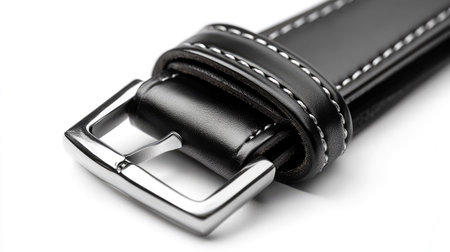A high-quality black leather belt featuring a sleek metal buckle and exquisite stitching. Ideal for enhancing any outfit while ensuring comfort and style.の素材