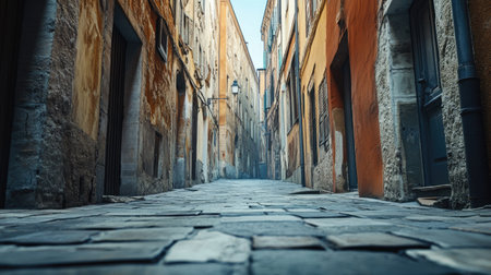 A picturesque view of a narrow cobblestone alley surrounded by aged buildings, evoking a sense of history and tranquility in this delightful urban setting.の素材