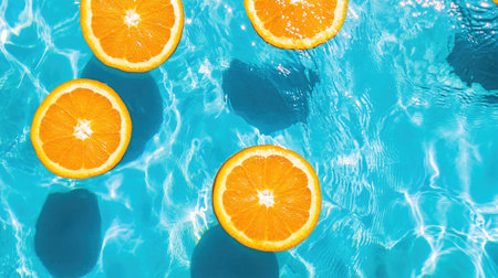 Enjoy the summery vibe of bright orange slices floating in clear pool water. This colorful scene captures the essence of relaxation and refreshment.の素材
