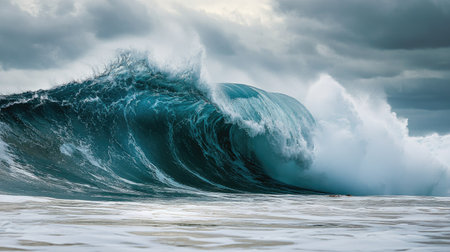 A breathtaking view of a powerful ocean wave crashing against the shore under a dramatic cloudy sky, showcasing the raw beauty and energy of nature's elements.の素材