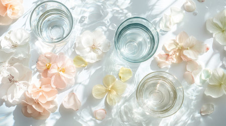 This enchanting stock photo captures clear glasses filled with water surrounded by soft pastel flowers, evoking a serene and tranquil atmosphere perfect for decor.の素材
