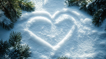 A lovely heart shape etched into untouched snow surrounded by evergreen branches, capturing the essence of winter romance and the beauty of nature's artistry.の素材