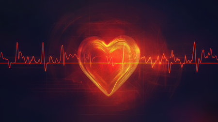 This digital artwork showcases a glowing heart symbol intertwined with heartbeat lines, emphasizing concepts of life, energy, and emotion in vibrant red hues.の素材
