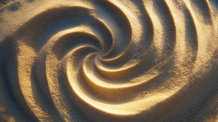 This image captures a mesmerizing spiral pattern formed by fine sand with a golden hue, evoking a sense of calmness and tranquility in an abstract setting.の素材