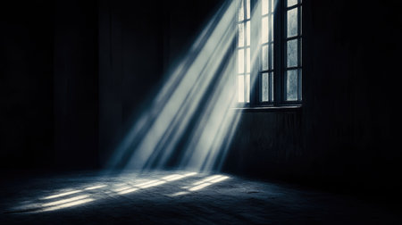 A serene scene featuring rays of light streaming through a dark window in an abandoned room. Dust particles enhance the mood, creating an ethereal ambiance.の素材