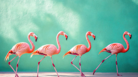 Four vibrant pink flamingos gracefully walking in a line against a vivid turquoise backdrop. This stunning composition captures the beauty of nature and joy of wildlife.の素材