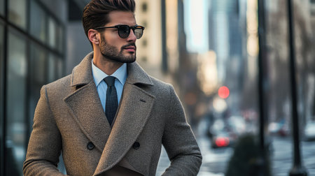 A fashionable young man stands confidently in a busy city street, wearing a stylish brown coat and sunglasses, embodying modern elegance and urban lifestyle.の素材