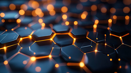 Explore a mesmerizing close-up of an abstract hexagonal pattern featuring glowing orange highlights on a dark background, ideal for technology or science themes.の素材