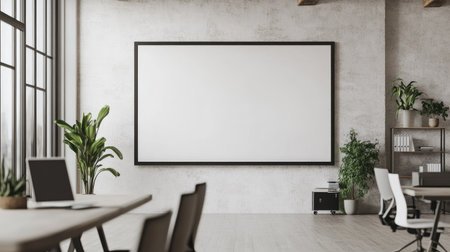 A spacious office interior showcasing a blank wall, large windows, and greenery, creating a bright and inspiring environment ideal for creativity and productivity.の素材