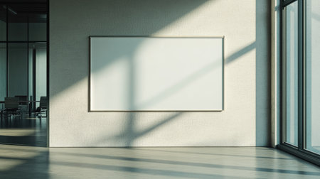 A serene and well-lit office space featuring a large empty whiteboard against a textured wall. The bright environment is perfect for brainstorming and collaboration.の素材