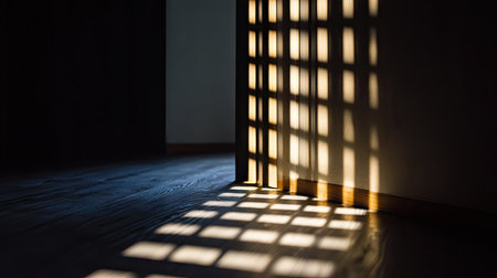 Captivating interplay of sunlight and shadows creates a stunning atmosphere in an indoor space. The unique patterns cast by the grating evoke serenity and beauty.の素材